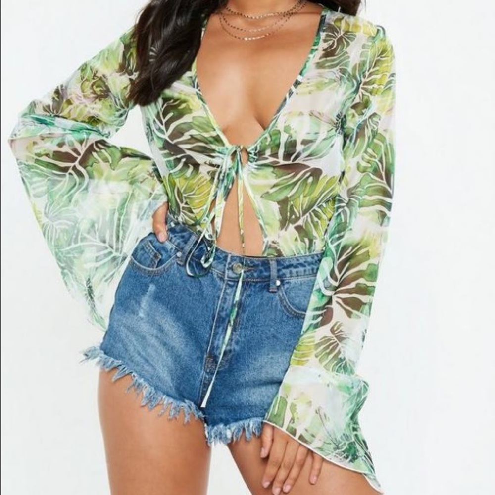 Green Flare Sleeve Palm Print Bodysuit